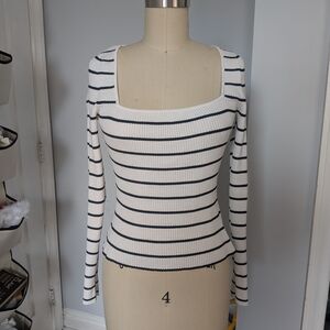 H&M White and Black Striped Ribbed Square-Neck Long Sleeve Top